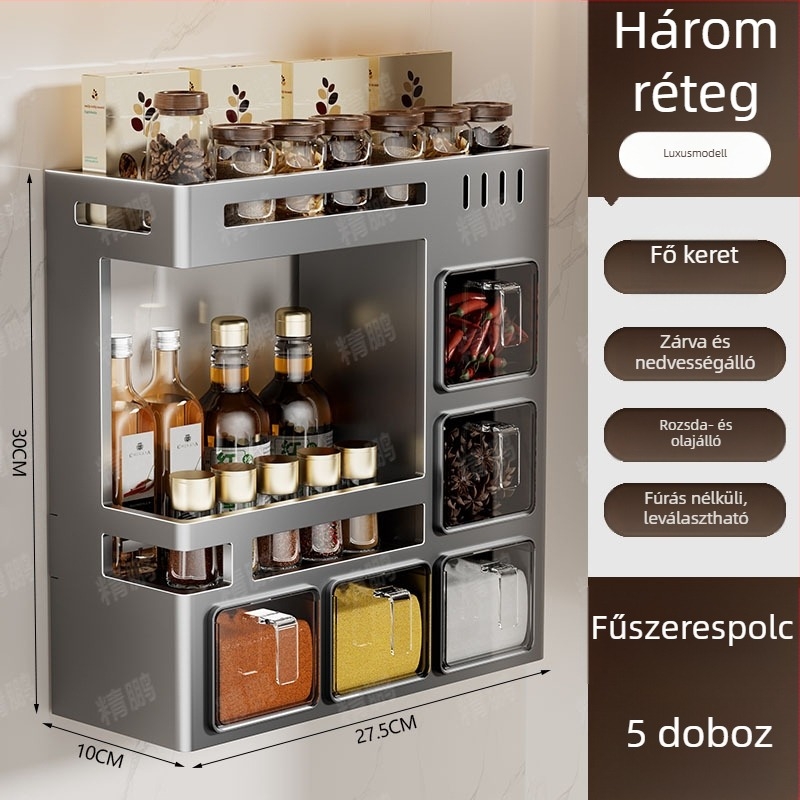 Odyssk karbonacél falra szerelhető fűszertartó polc, fúrás nélkül, modern minimalist stílusban, olaj, só, szósz és ecet számára