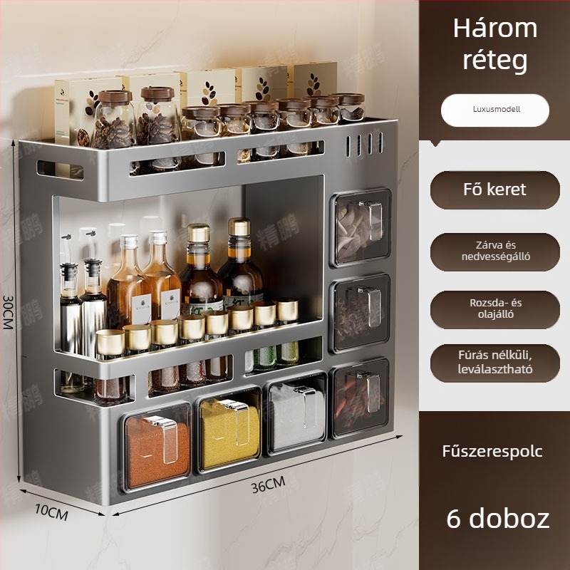 Odyssk karbonacél falra szerelhető fűszertartó polc, fúrás nélkül, modern minimalist stílusban, olaj, só, szósz és ecet számára