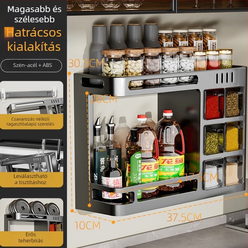 Odyssk karbonacél falra szerelhető fűszertartó polc, fúrás nélkül, modern minimalist stílusban, olaj, só, szósz és ecet számára