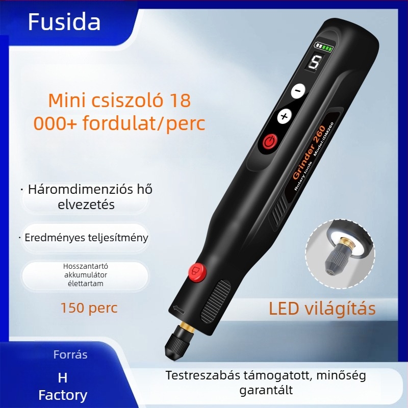 Mini kézben tartható elektromos csiszoló a fúráshoz, vágáshoz és gravírozáshoz – 5 sebességfokozat, 3.7–5V újratölthető Li-ion akkumulátor, 2000mAh, USB adatkábel, gyűrűs LED világítás