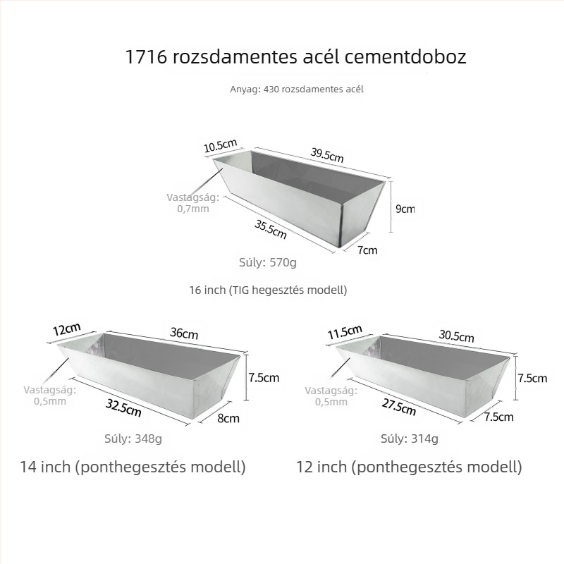 Vályazási és javítási eszközök készlet, tükrös cementcsatornával, cementmedencével és rozsdamentes acél cementes dobozzal