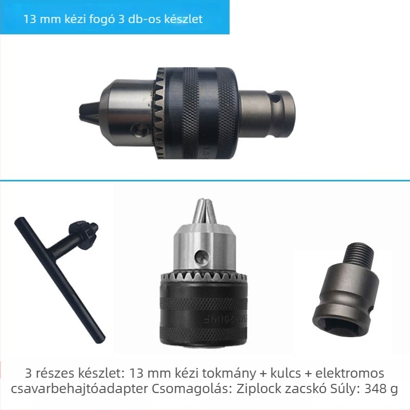 Háromszájú önzáró fúrótárcsa kulccsal, vasból, 10–13 mm tartomány