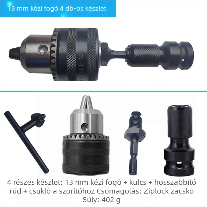 Háromszájú önzáró fúrótárcsa kulccsal, vasból, 10–13 mm tartomány