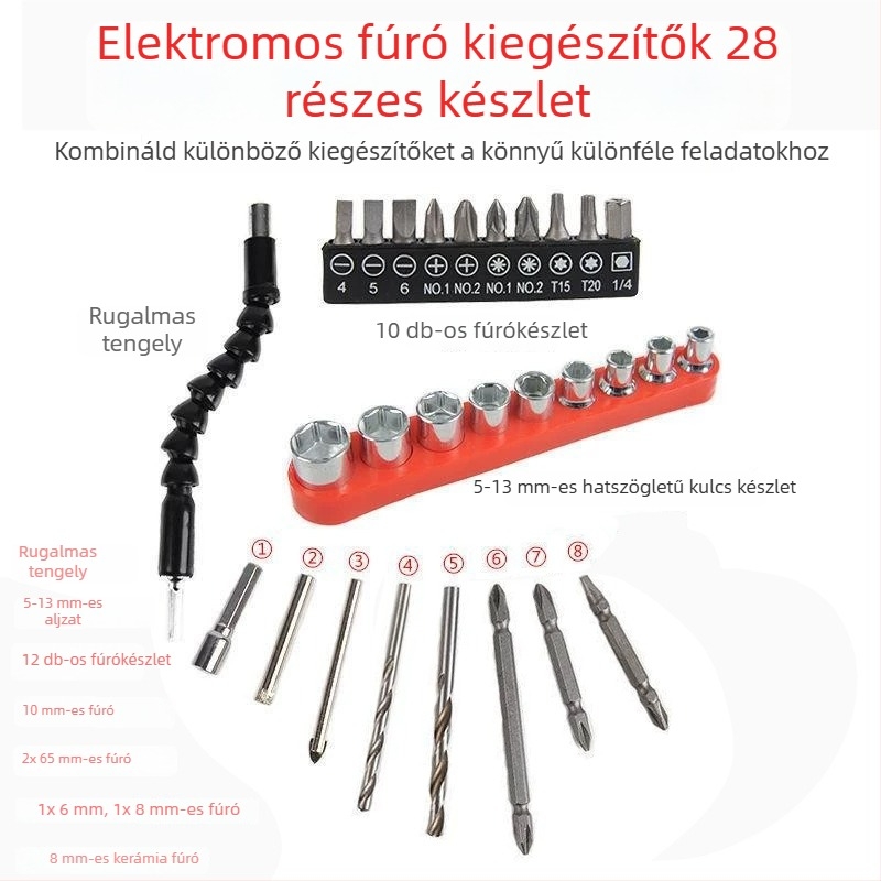 Mosharp/Mort 28 darabos acél fúrótű készlet univerzális tengellyel és fejcsatlakozóval