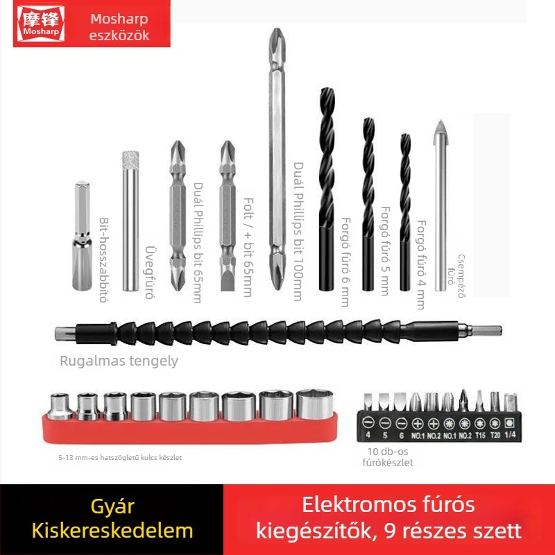 Mosharp/Mort 28 darabos acél fúrótű készlet univerzális tengellyel és fejcsatlakozóval