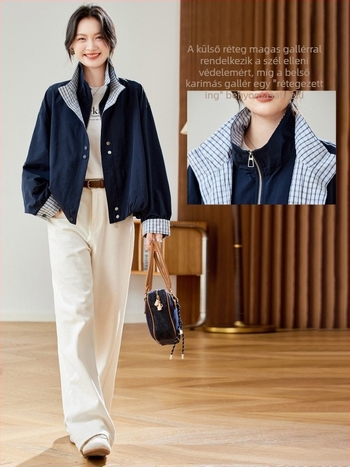 Női látszólag két darabból álló rövid kabát kockás mintával, lazán szabott, elöl cipzár, hosszú ujjak, őszi-téli 2025