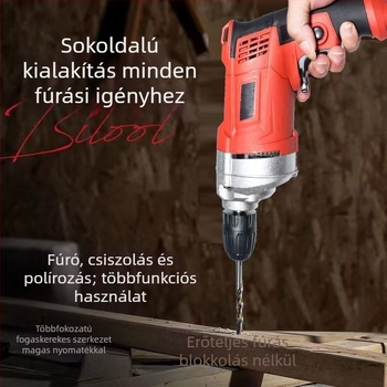 Kábeles elektromos fúró pisztolymarkolattal, kefés motorral, többszintű sebességszabályozás, előre-hátra, önzáró tokmány, 220 V AC