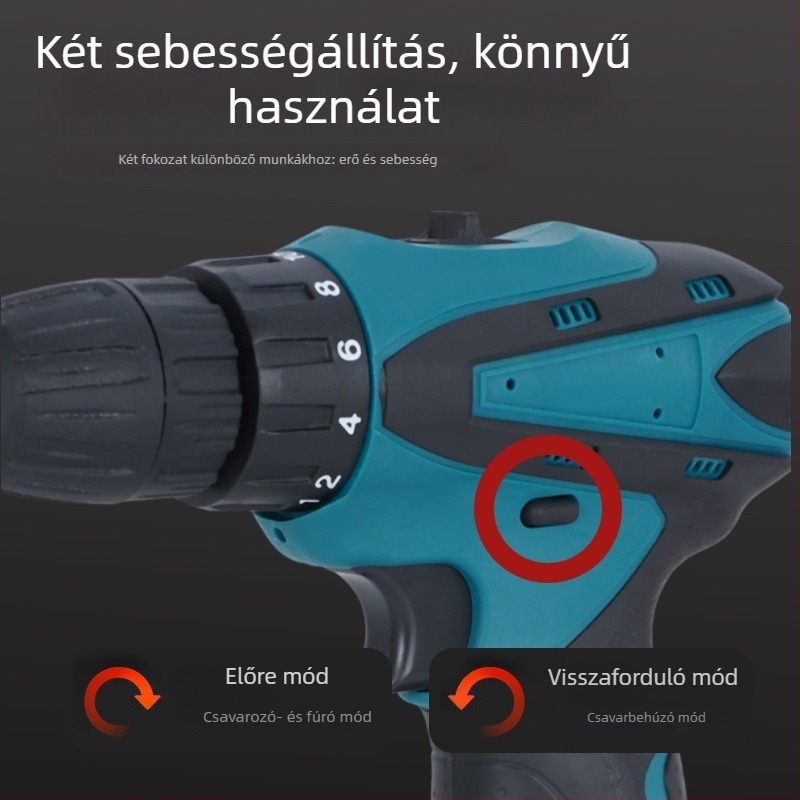 Kézben tartható akkumulátoros fúró-csavarhúzó, háztartási használatra, Li‑ion 18–21V, pisztolyfogású kialakítás, ratchet tokmány, előre és hátra
