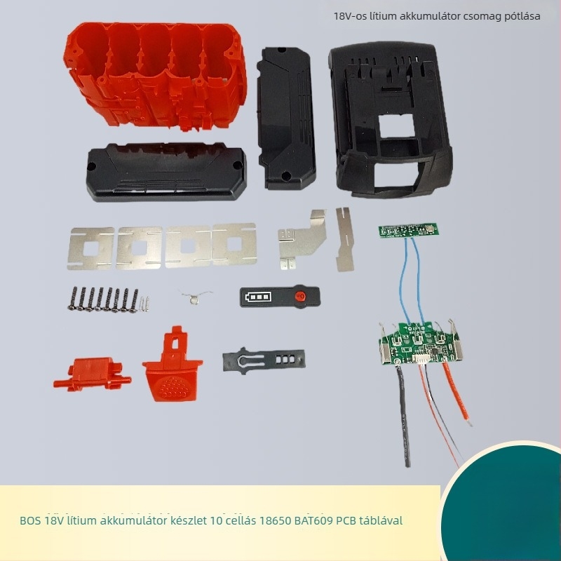 18V-os vezeték nélküli fúró akkumulátor burkolat BAT609, szénacél, 10×18650 cella, LED kijelző