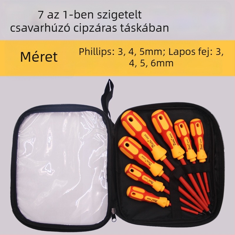 Izolált 7-darabos csavarhúzó készlet Cr-V acélból, mágneses bitekkel, zipzáras textil tokban; Phillips és lapos fej