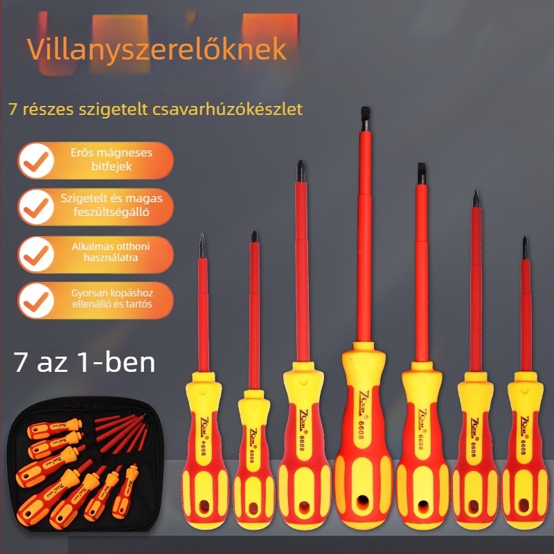 Izolált 7-darabos csavarhúzó készlet Cr-V acélból, mágneses bitekkel, zipzáras textil tokban; Phillips és lapos fej