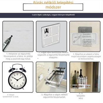 Fűszertartó polc 304 rozsdamentes acélból, falra szerelhető, fúrás nélkül, modern letisztult stílus