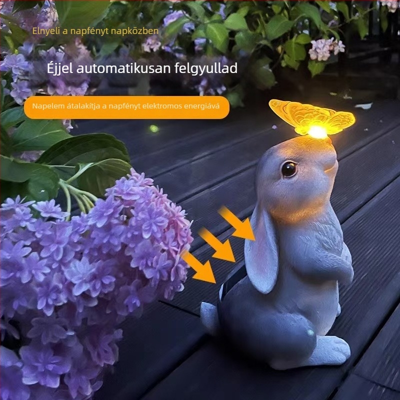 Gyanta pillangó-nyúl dísz napelemes világítással, kültéri kerthez