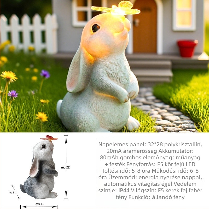 Gyanta pillangó-nyúl dísz napelemes világítással, kültéri kerthez