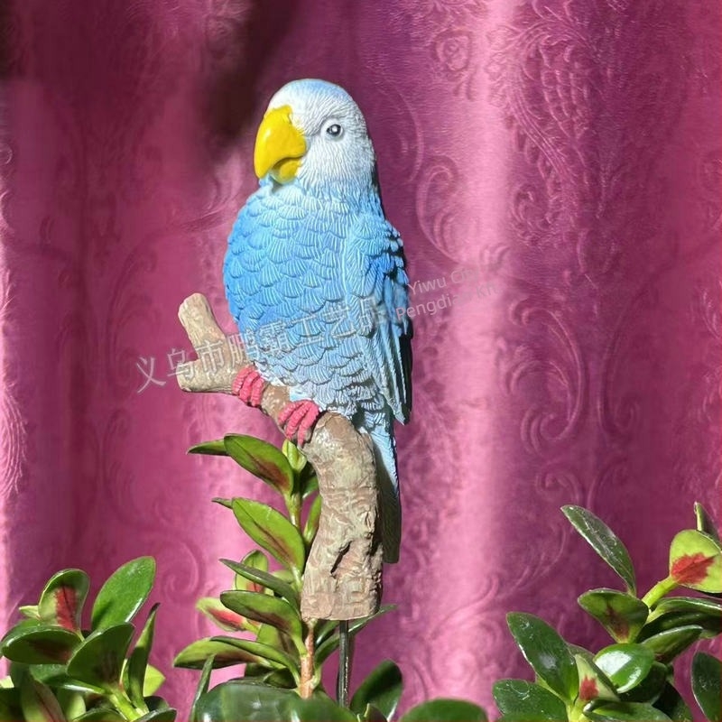 Papagáj virágcsokor dekorfigura, szintetikus gyanta, rajzfilmszerű stílus, Pengba márka, állat dekor