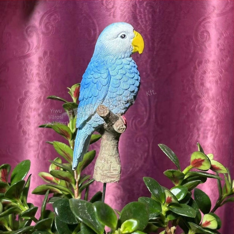 Papagáj virágcsokor dekorfigura, szintetikus gyanta, rajzfilmszerű stílus, Pengba márka, állat dekor