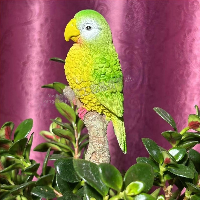 Papagáj virágcsokor dekorfigura, szintetikus gyanta, rajzfilmszerű stílus, Pengba márka, állat dekor