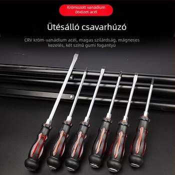 Ütésálló ipari használatra készült csavarhúzó készlet keresztes és egyenes végű bitekkel — műanyag test; nyél krom-vanádium ötvözetből; fej típus: keresztes