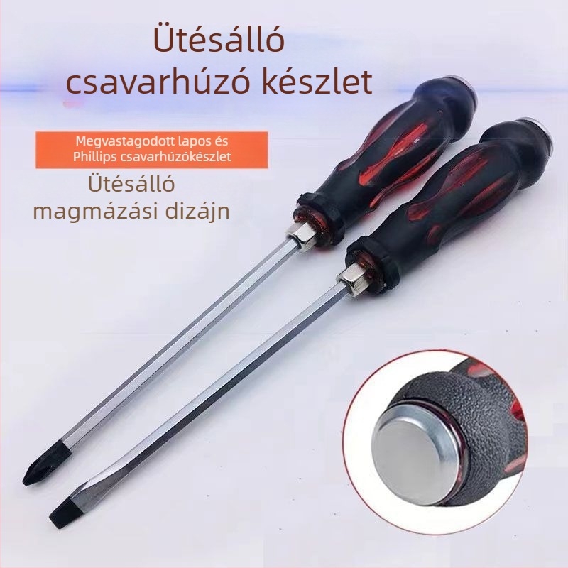 Ütésálló ipari használatra készült csavarhúzó készlet keresztes és egyenes végű bitekkel — műanyag test; nyél krom-vanádium ötvözetből; fej típus: keresztes