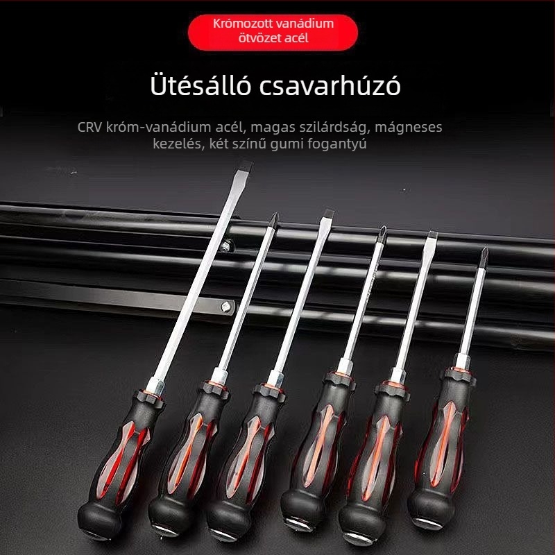 Ütésálló ipari használatra készült csavarhúzó készlet keresztes és egyenes végű bitekkel — műanyag test; nyél krom-vanádium ötvözetből; fej típus: keresztes