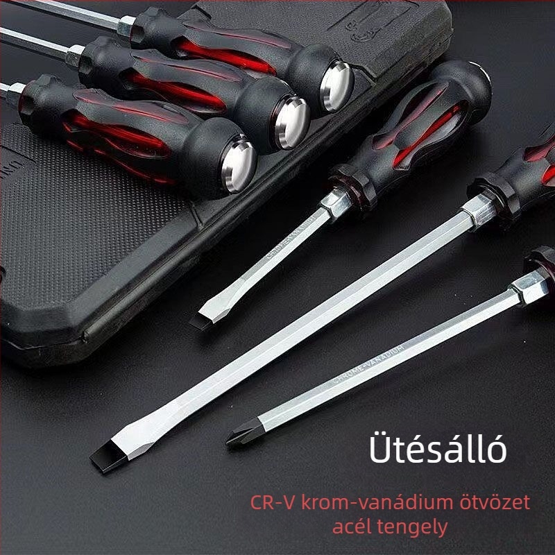 Ütésálló ipari használatra készült csavarhúzó készlet keresztes és egyenes végű bitekkel — műanyag test; nyél krom-vanádium ötvözetből; fej típus: keresztes