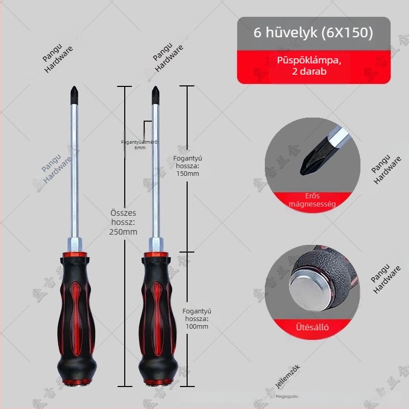Ütésálló ipari használatra készült csavarhúzó készlet keresztes és egyenes végű bitekkel — műanyag test; nyél krom-vanádium ötvözetből; fej típus: keresztes