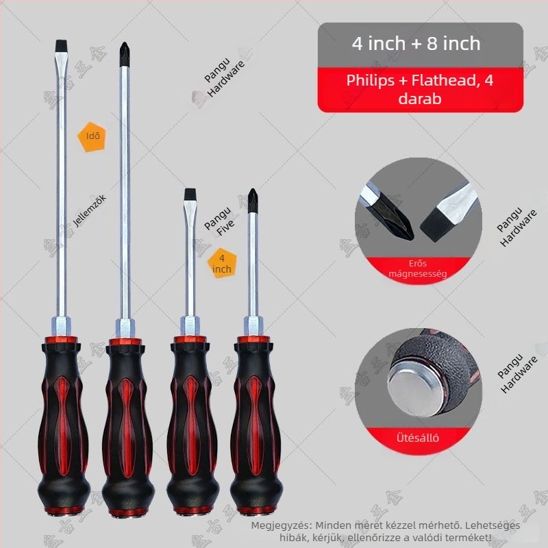 Ütésálló ipari használatra készült csavarhúzó készlet keresztes és egyenes végű bitekkel — műanyag test; nyél krom-vanádium ötvözetből; fej típus: keresztes