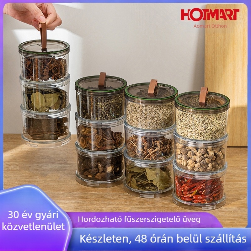 Élelmiszer-biztonságos műanyag fűszertároló doboz, nyolcszögletű, tömítő fedéllel, egymásra rakható