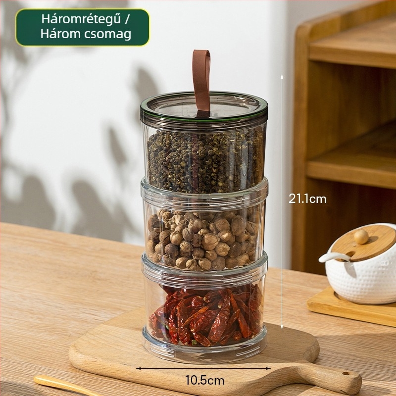 Élelmiszer-biztonságos műanyag fűszertároló doboz, nyolcszögletű, tömítő fedéllel, egymásra rakható