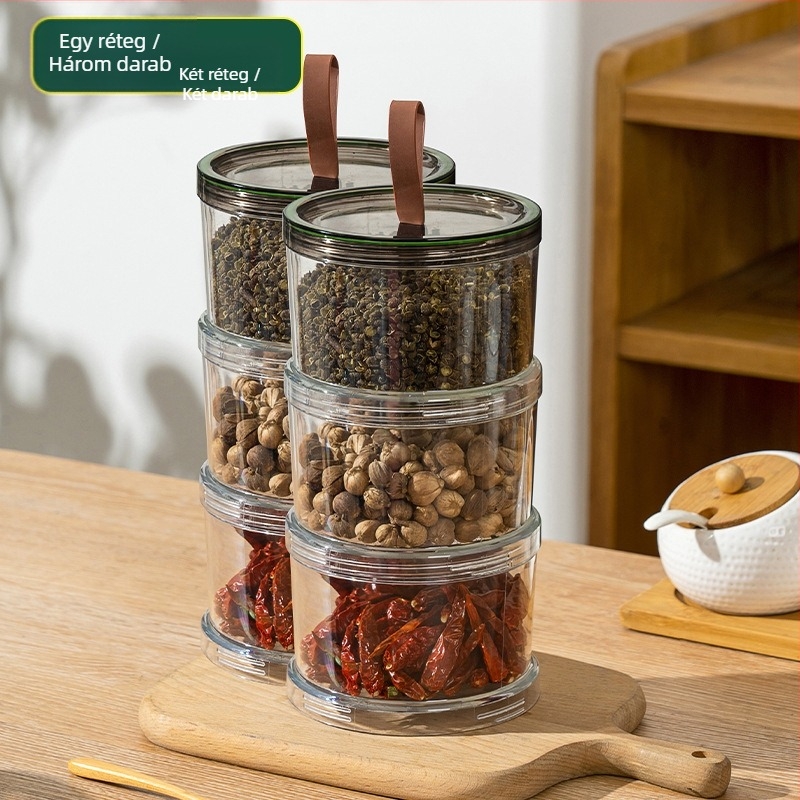 Élelmiszer-biztonságos műanyag fűszertároló doboz, nyolcszögletű, tömítő fedéllel, egymásra rakható