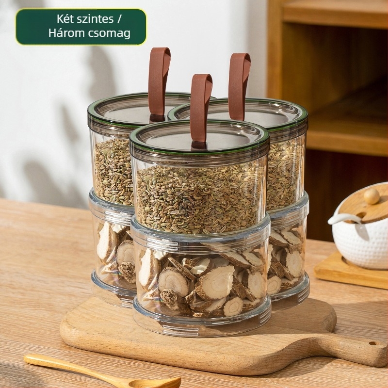 Élelmiszer-biztonságos műanyag fűszertároló doboz, nyolcszögletű, tömítő fedéllel, egymásra rakható