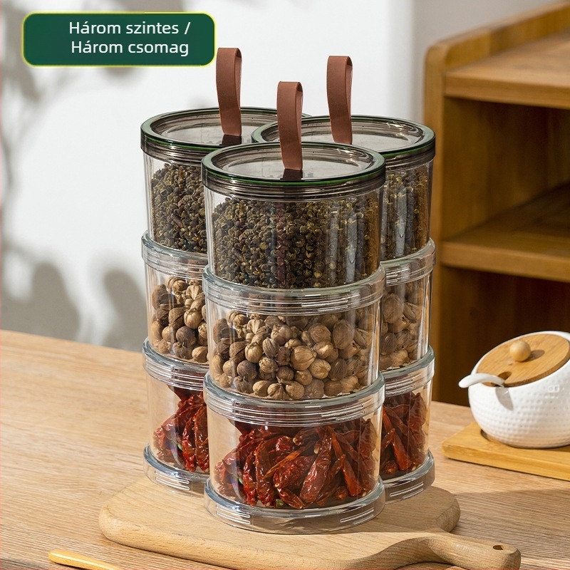 Élelmiszer-biztonságos műanyag fűszertároló doboz, nyolcszögletű, tömítő fedéllel, egymásra rakható
