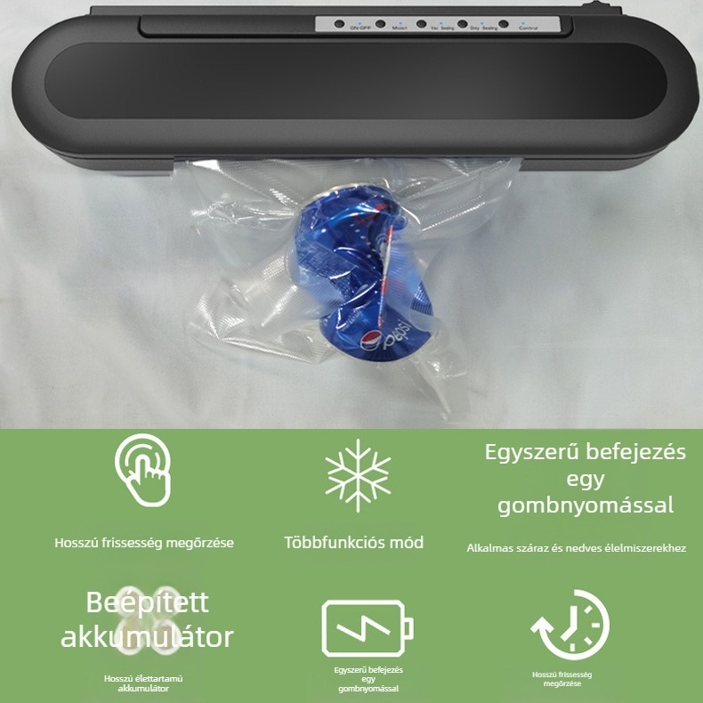 Háztartási automata vákuumzáró gép, lítium akkumulátorról működik, 5V/10W, ABS ház, kapacitás 500 ml alatt