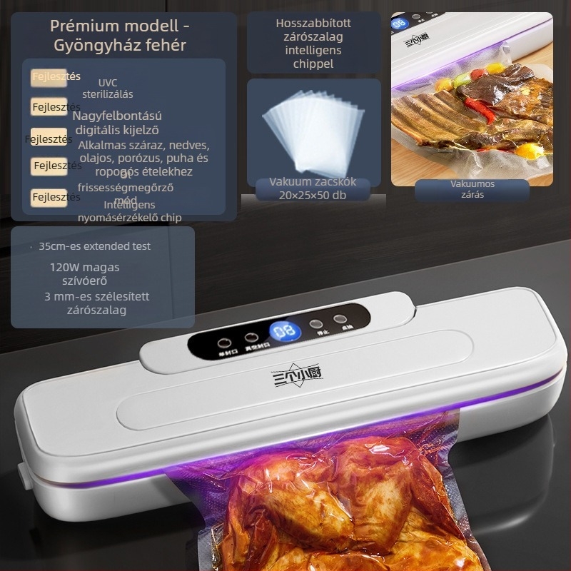 Háztartási vákuumzáró gép LCD kijelzővel, ABS ház, 120W, 220V, kapacitás <500 ml