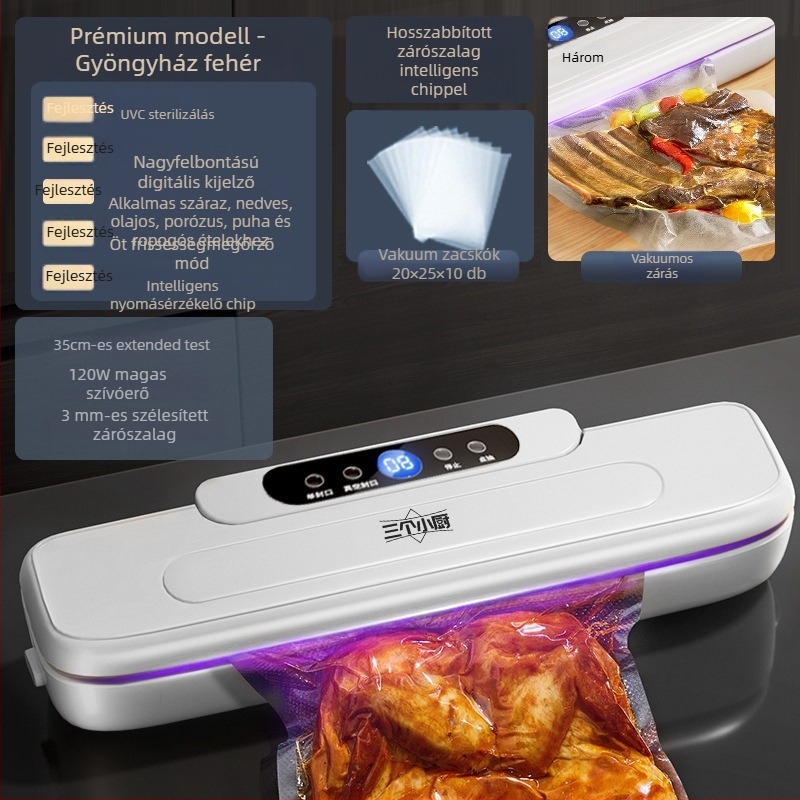 Háztartási vákuumzáró gép LCD kijelzővel, ABS ház, 120W, 220V, kapacitás <500 ml