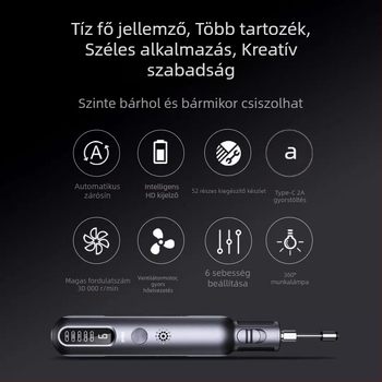 Mini újratölthető lítium akkumulátoros elektromos csiszoló gravírozáshoz, polírozáshoz és vágáshoz – 8V, hat fokozat, 225 g, tartozékok: csiszolófej, fúró, vágó korong, csiszolópapír