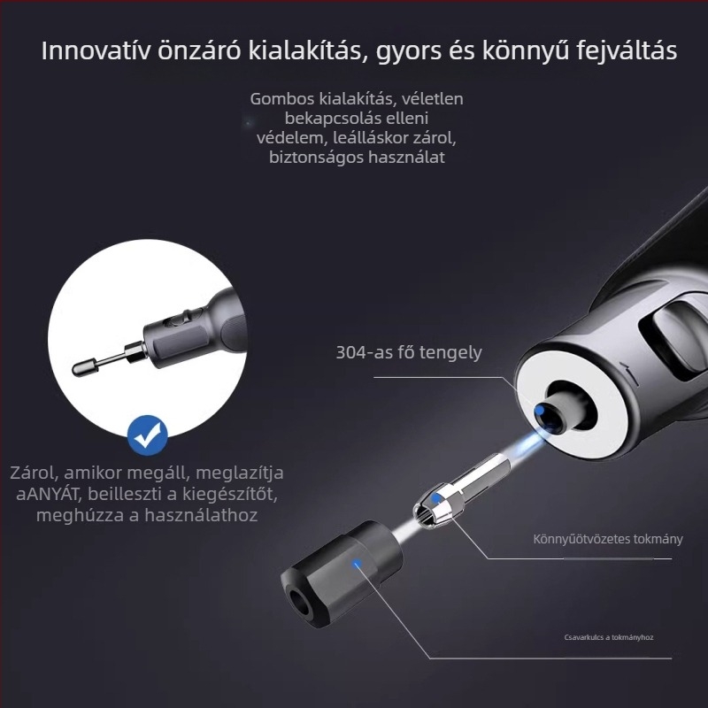 Mini újratölthető lítium akkumulátoros elektromos csiszoló gravírozáshoz, polírozáshoz és vágáshoz – 8V, hat fokozat, 225 g, tartozékok: csiszolófej, fúró, vágó korong, csiszolópapír