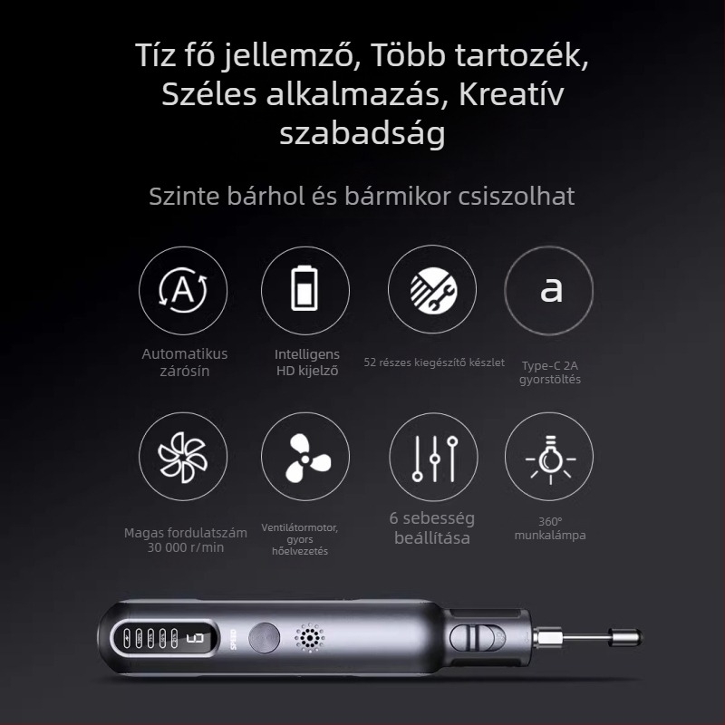 Mini újratölthető lítium akkumulátoros elektromos csiszoló gravírozáshoz, polírozáshoz és vágáshoz – 8V, hat fokozat, 225 g, tartozékok: csiszolófej, fúró, vágó korong, csiszolópapír