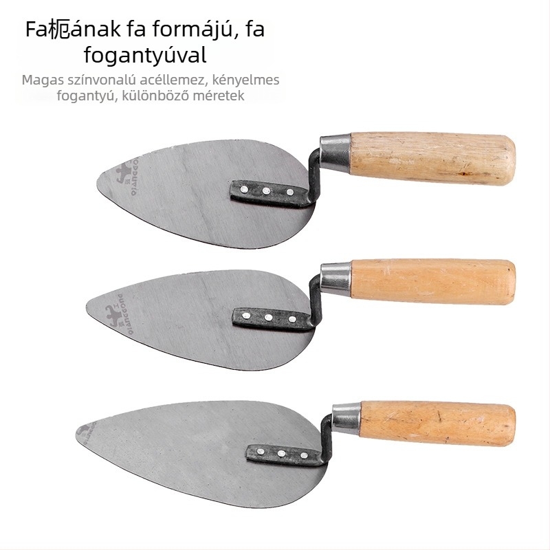 Vakolókanál fa fogantyúval, barack alakú fej — Strong Work modell Gray Spoon, eredet Kína, alkalmas téglázásra és kézműves munkákhoz