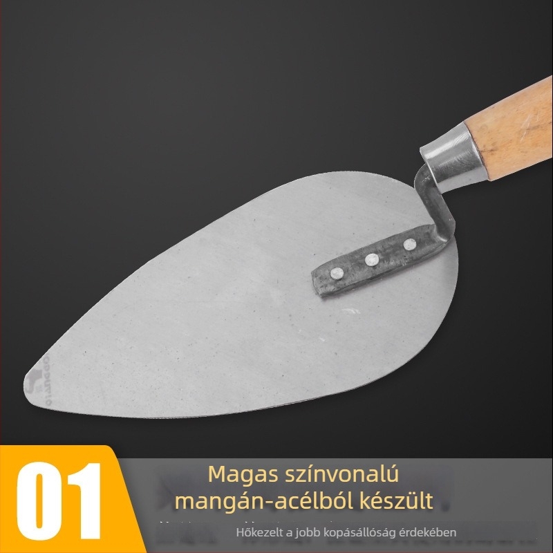 Vakolókanál fa fogantyúval, barack alakú fej — Strong Work modell Gray Spoon, eredet Kína, alkalmas téglázásra és kézműves munkákhoz