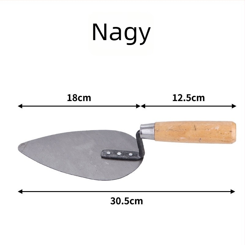 Vakolókanál fa fogantyúval, barack alakú fej — Strong Work modell Gray Spoon, eredet Kína, alkalmas téglázásra és kézműves munkákhoz