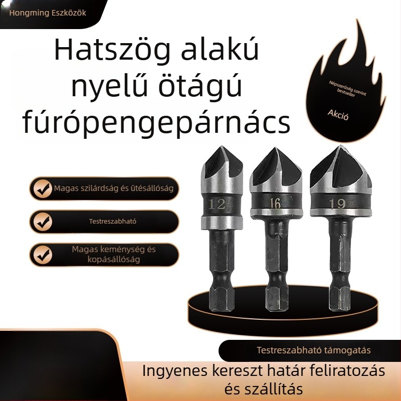 Hongming titánnal bevont ötélű chamferoló eszköz készlet centrálóval és lyukasztó fúróval, valamint lyuknyitó fúrókészlet faipari felhasználásra