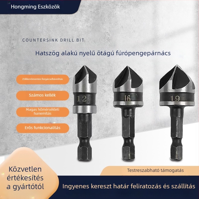 Hongming titánnal bevont ötélű chamferoló eszköz készlet centrálóval és lyukasztó fúróval, valamint lyuknyitó fúrókészlet faipari felhasználásra