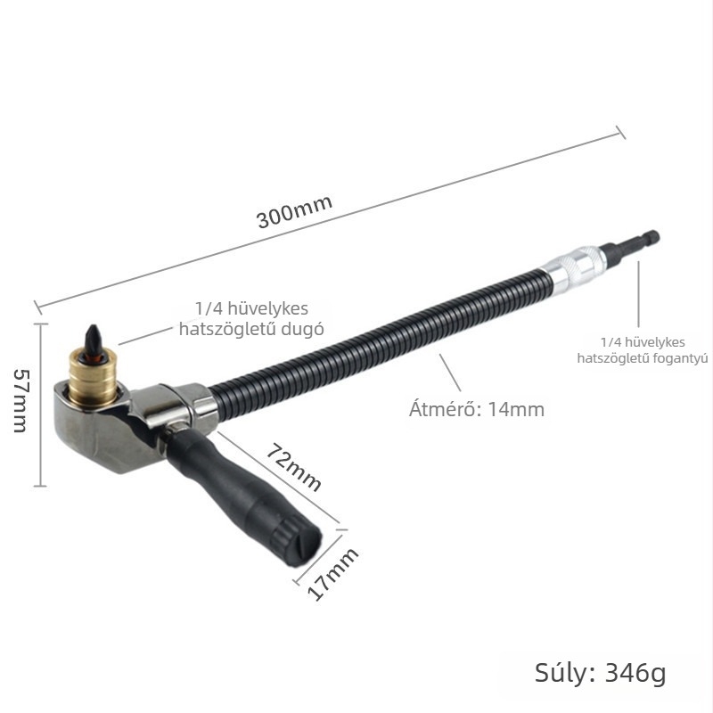 300 mm-es hosszabbított hajlított tengelyű szögadapter, 1/4-es gyorsoldású belső rugós interfésszel és markolattal csavarhúzó bitekhez