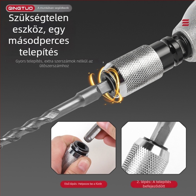 Ütvefúró bit adapter négyszögletes nyakkal, négycsatornás interfész, magas széntartalmú acél, rugós tok