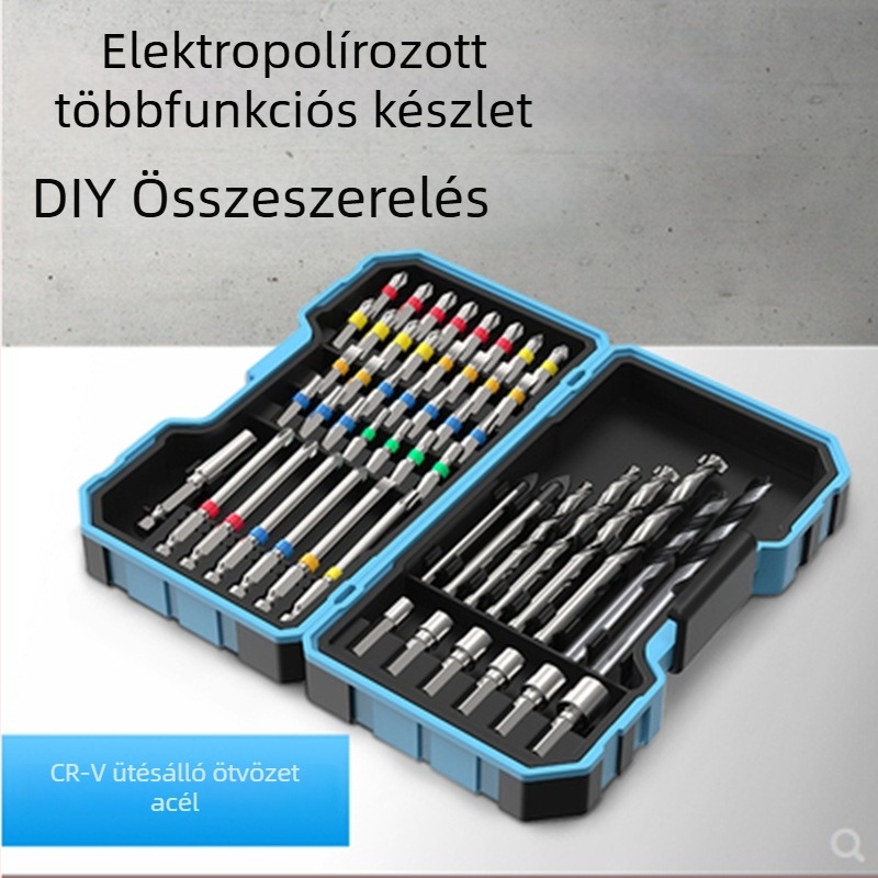 Elektromos csavarhúzó bitkészlet erős mágneses rögzítéssel, tartalmaz Phillips, Torx és hex biteket, krom-vanádium acélból
