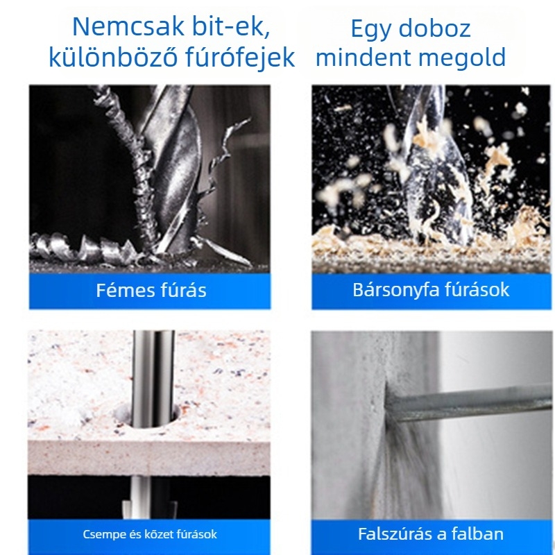 Elektromos csavarhúzó bitkészlet erős mágneses rögzítéssel, tartalmaz Phillips, Torx és hex biteket, krom-vanádium acélból