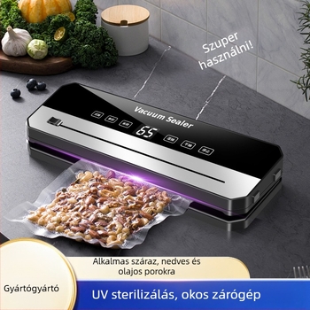 Automatikus vákuumzáró gép digitális kijelzővel, vágóval és műanyag záró funkcióval – száraz és nedves vákuumcsomagoláshoz, ABS ház, 120W, 220V, Model B ezüst pengével