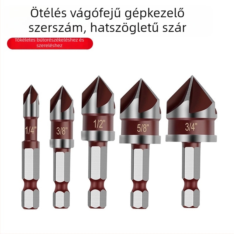 Faipari szerszámkészlet - 5 darab, hatszögletű markolat, ötlapátos élformázó chamferer, élezés és furatbővítés
