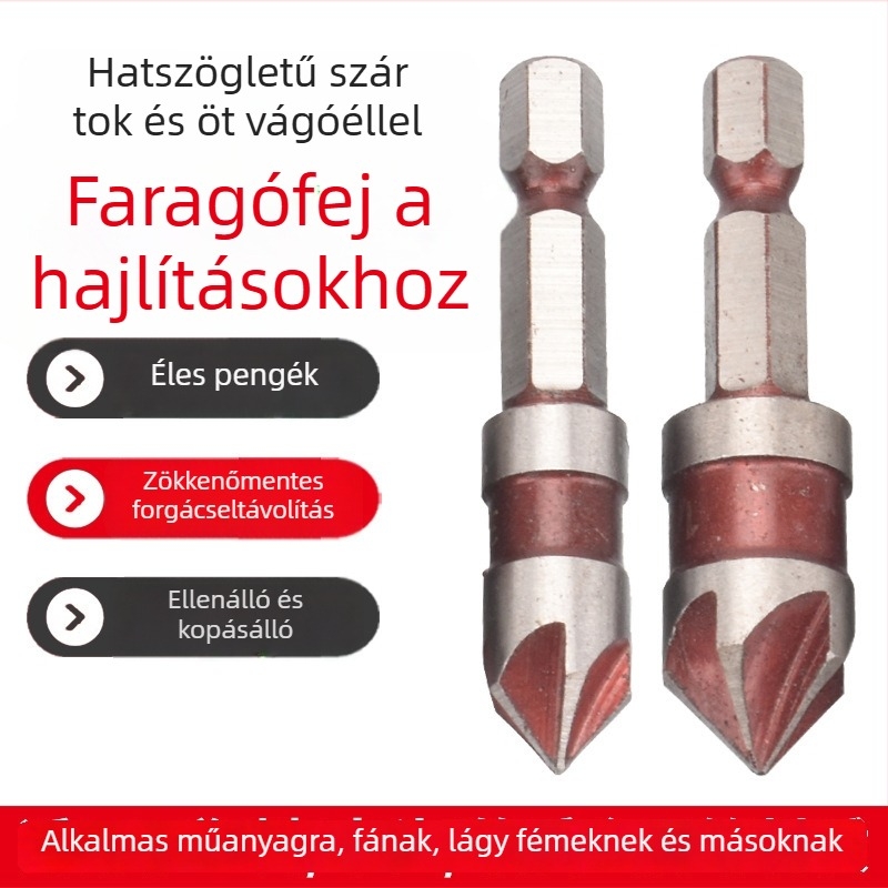 Faipari szerszámkészlet - 5 darab, hatszögletű markolat, ötlapátos élformázó chamferer, élezés és furatbővítés